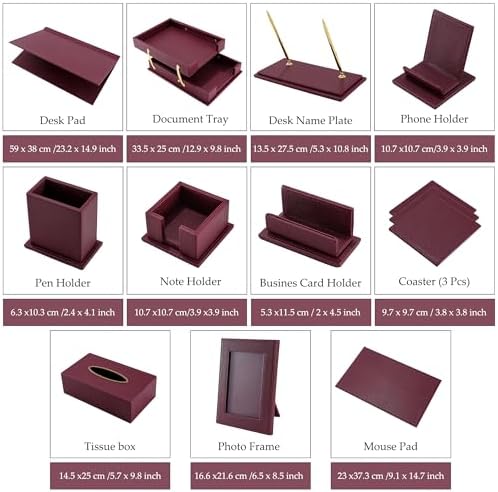 Leather Desk Set,13-Piece Desk Organizer Set, Executive Office Accessories with Desk Pad & Blotter, 2-Tier Tray, Pen Holder & More, Professional Office Desk Decor & Gift Set (Burgundy)
