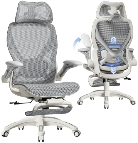 ELABEST X100 Ergonomic Mesh Office Chair with Footrest, Big and Tall Home Desk Chair with 5D Flip-Up Arms, Adjustable 3D Lumbar Support, Gaming & Executive Computer Chair (First Light)
