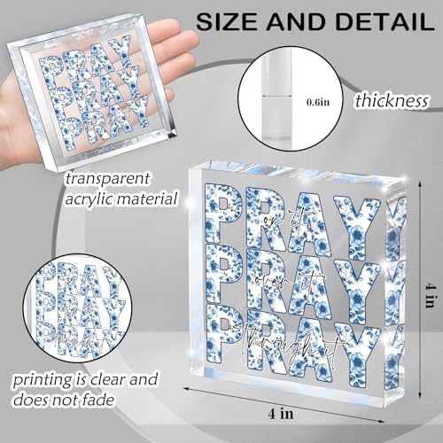 Blue and White Inspirational Decor, Blue Floral Chinoiserie Desk Decorations for Office, Ideal Christian Gifts for Women - Pray On It,Pray Over It - Bible Verse Desk Art, Dorm Room Decor for Women
