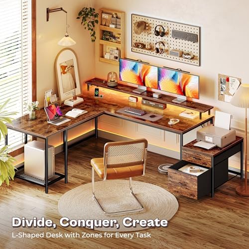 PRAISUN 66" L Shaped Gaming Desk with LED Lights & Power Outlets