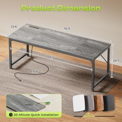 PRAISUN 70x24 Inch Computer Desk with Power Outlets & USB-C, Grey