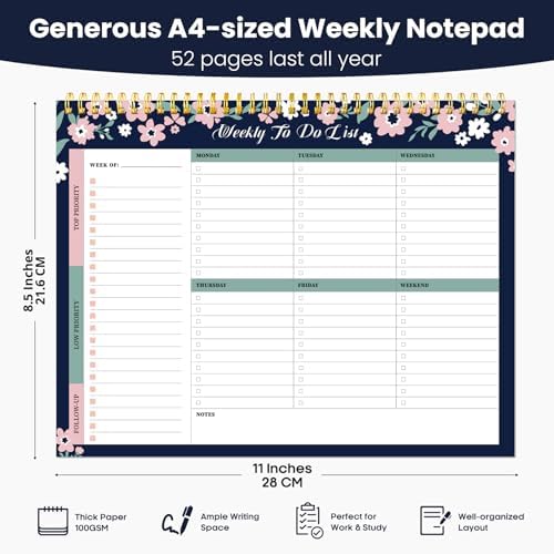 Weekly To Do List Notepad with 52 Undated Sheets（8.5"×11"）- Undated Weekly Planner Notepad for Office Desk Accessories and Supplies - Navy Blossom
