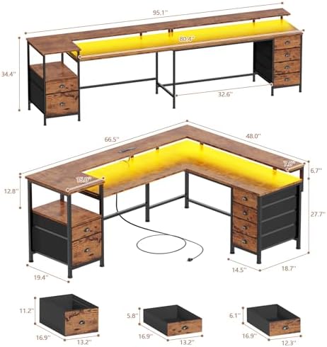 Furologee 66'' L Shaped Computer Desk with 6 Drawers & LED, Rustic Brown