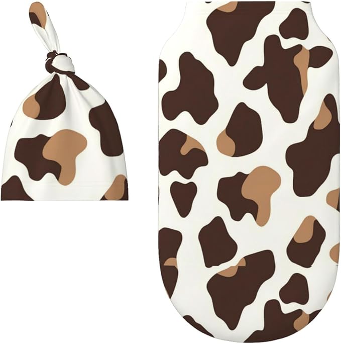 Newborn Swaddle Blankets and Hat Set Soft Cotton Baby Swaddle Wrap Warm Infant Receiving Blanket Cow Print-7