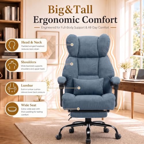 GTPLAYER Big&Tall Ergonomic Gaming Chair, Wide Spring Seat, Linkage Armrest,Blue