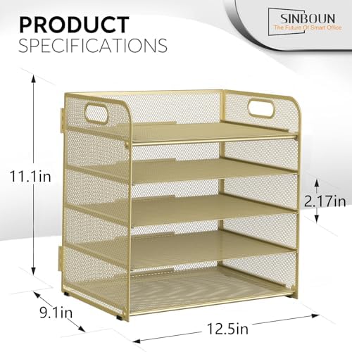 Sinboun Letter Tray Paper Organizer 5-Tier Desk Organizer File Organizer Paper Holder with Handle, Metal Desktop Document Shelf Tray Office Classroom Organization - Gold