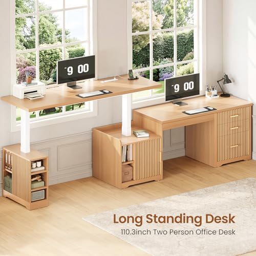 SEDETA Fluted L Shaped Electric Standing Desk, 63" x 67" Height Adjustable Home Office Executive Desk with Drawers and Shelves, Two Person Desk with Power Outlet for Home Office, Oak