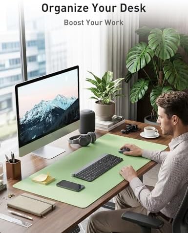 Aothia Faux Leather Desk Mat - Non-Slip PU Leather Desk Blotter, Waterproof Writing Surface, Large Desk Pad for Office & Home (Foam Green, 55" x 24")