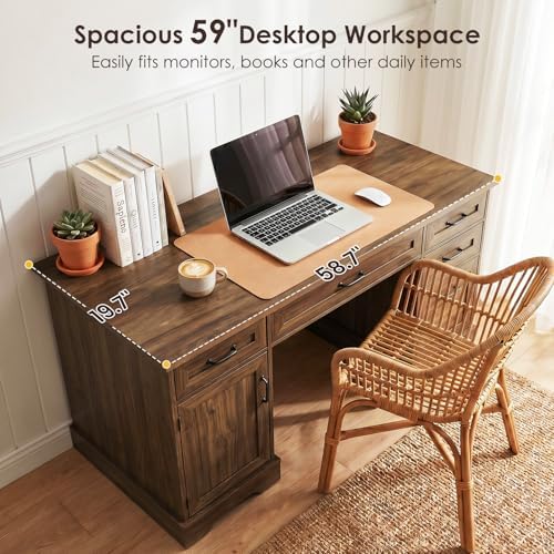 OffiGo Farmhouse 59 Inch Executive Desk with Drawers, Walnut
