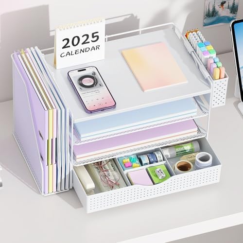 Wood Desk Organizers and Accessories with File Holder, 4-Tier Desk Accessories & Workspace Organizers with Drawer and Pen Holder, Desk Reference Organizer (White, 4T with Drawer)