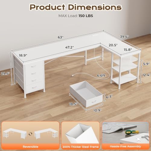 Huuger 63 Inch L Shaped Desk with Fabric Drawers, Reversible Computer Gaming Desk with Power Outlets and USB-C Port, Adjustable Side Storage Shelves, for Work Study Corner Home Office, White