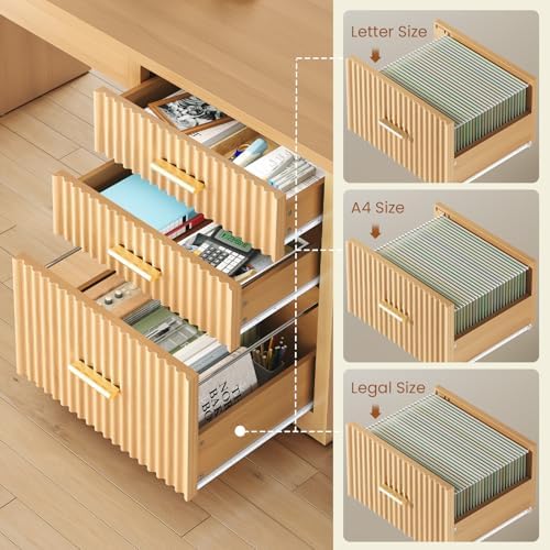 SEDETA Fluted L Shaped Electric Standing Desk, 63" x 67" Height Adjustable Home Office Executive Desk with Drawers and Shelves, Two Person Desk with Power Outlet for Home Office, Oak