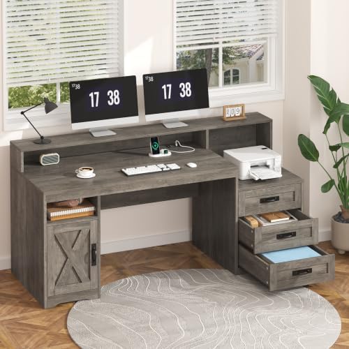 65" Farmhouse Computer Desk with Drawers and Printer Stand for Home Office