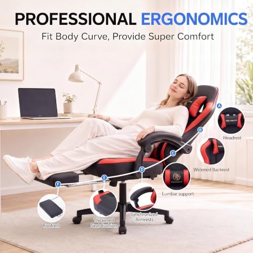 Desk Computer Gaming Chair - High Back Ergonomic Office Chair with Footrest and Lumbar Support, Swivel Comfy Home Gamer Video Game Chairs with Pocket Spring Cushion for Adults (Red Leather)