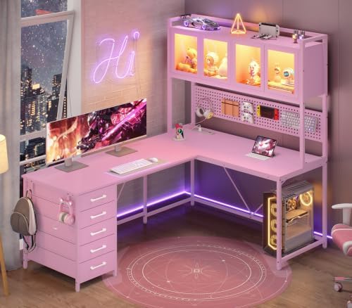 SEDETA L Shaped Gaming Corner Desk with Drawers, Hutch and Storage Shelves
