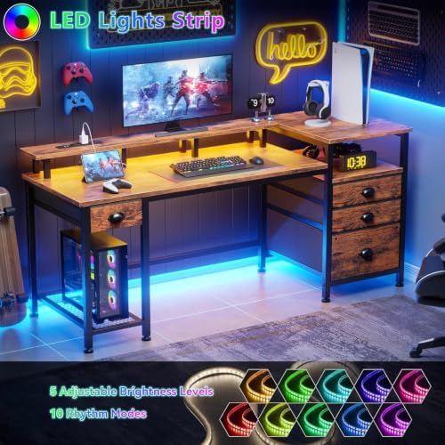Furologee 60" Computer Desk with 4 Drawers, Power Outlet, LED, Rustic Brown
