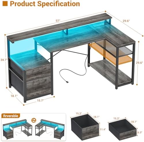 Aheaplus L Shaped Desk with File Drawer, Reversible L Shaped Gaming Desk