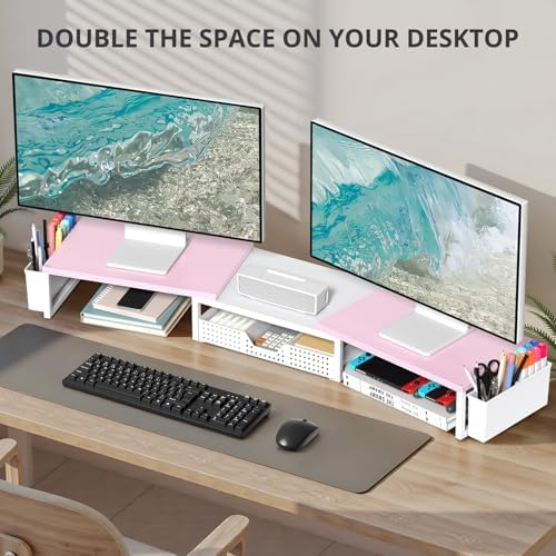 OPNICE Desk Organizers and Accessories, Dual Monitor Stand Riser with Drawer and 2 Pen Holders, Desk Shelf Computer Racks for Office Workspace Organizers, Desktop Organization (Pink-White)