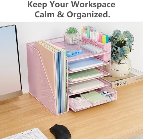 5-Tier Desk File Organizer with Drawer & Pen Holder (Pink)