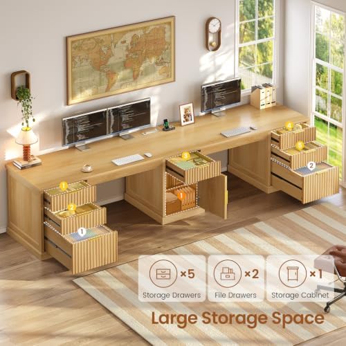 SEDETA Fluted 110.3" Two Person Desk with 7 Drawers for Office, Fluted Oak