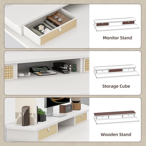 TIQLAB Standing Desk with Two Drawers, Stand Up Standing Desk Adjustable Height, Electric Sit Stand Table with Storage Shelf and Splice Board, 55 * 24 inch, White Wicker