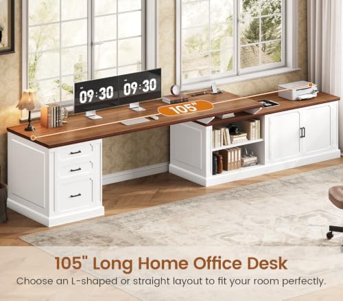 SEDETA Farmhouse L Shaped Desk with Drawers, 70.9" Home Office Desk with Storage Cabinet and Storage Shelves, L Shaped Computer Desk with Power Outlet，White+Brown