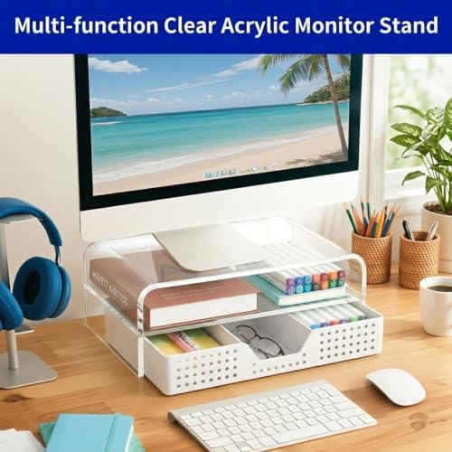 OPNICE Desk Organizer and Accessories, 2-Tier Computer Monitor Stand Riser with Drawer and 2 Pen Holders, Laptop Stand, Office Desk Accessories for Office Supplies, Transparent