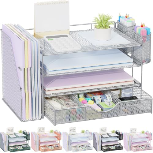 gianotter Desk Organizers and Accessories with File Holder, 4-Tier Desk Accessories & Workspace Organizers with Drawer and 2 Pen Holder, Paper Organizer for Office Supplies (Grey)