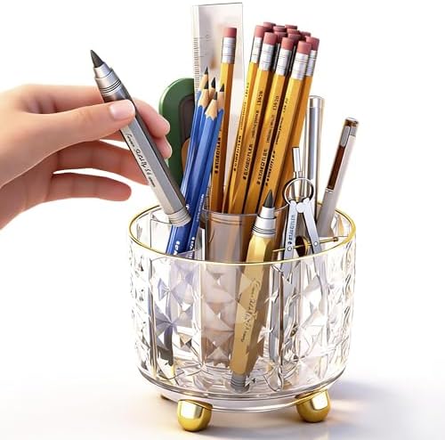 GOTOBA 360° Rotating Pencil Holder for Desk, Makeup Brush Holder with 6 Slots, Desk Organizer for Writing Utensil, Office and School Supplies (Transparent)