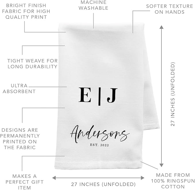 Andaz Press Personalized Kitchen Towel, Flour Sack Tea Towel, Couples Monogram Initials Last Name Custom Kitchen Gift, Wedding Housewarming for Couples, Bridal Shower Farmhouse