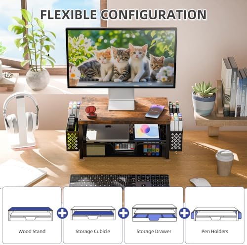 Simple Trending Monitor Stand with Drawer, 2-Tier Laptop Stand, Wood