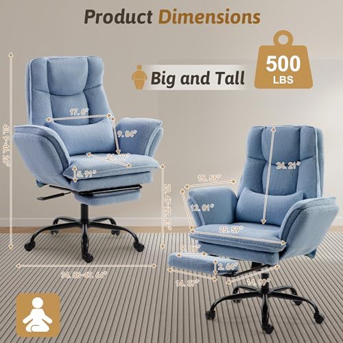 Wider Seat Office Chair with Flip Armrests for Criss Cross Legged&Cats, Big and Tall Executive Ergonomic Reclining Chair with Footrest&Lumbar Pillow, Teddy Fleece Desk Chair,Blue Vanity Chair
