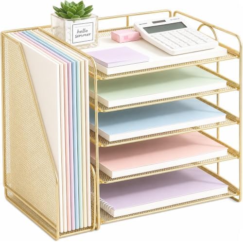 OPNICE Desk Organizer, 5-Tier Paper Organizer Letter Tray, Gold