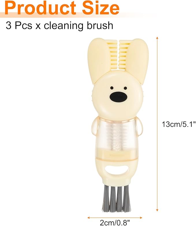 uxcell 3pcs Cup Lid Cleaning Brush, Water Bottle Cleaner Brush with Rabbit Pattern, for Tight Spaces, Bottle Gap Beige