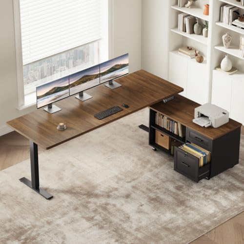 OffiGo 63" L Shaped Electric Standing Desk with Cabinet Sets, Walnut/Black