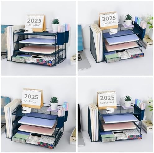 OPNICE Desk Organizer, 4-Tier Desktop File Organizer with Drawer and Pen Holders, Office Desk Accessories, File Sorters, Workspace Organizers for Office Supplies(Dark Blue)