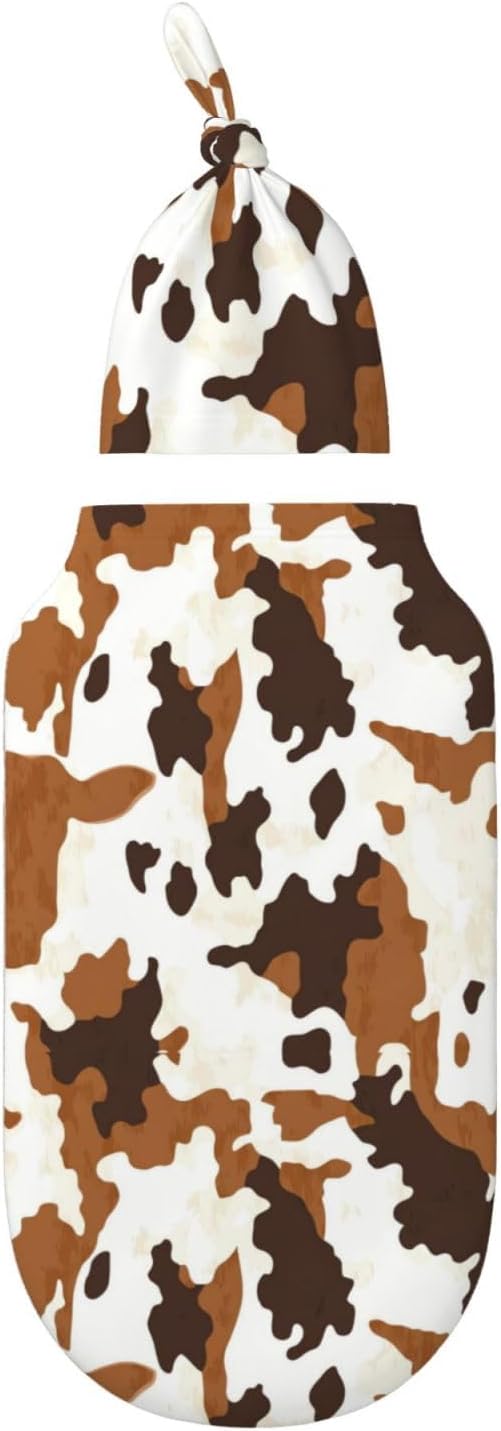Newborn Swaddle Blankets and Hat Set Soft Cotton Baby Swaddle Wrap Warm Infant Receiving Blanket Cow Print-8