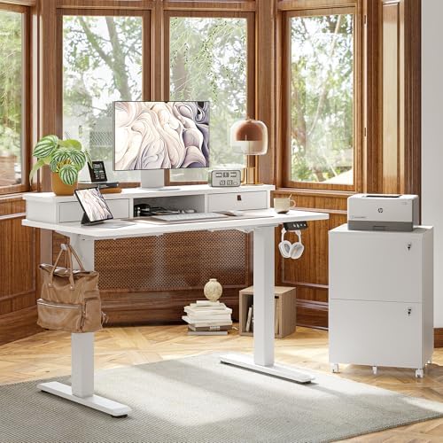 TIQLAB 40 * 24 inch Standing Desk with Two Drawers&Top Shelf, White