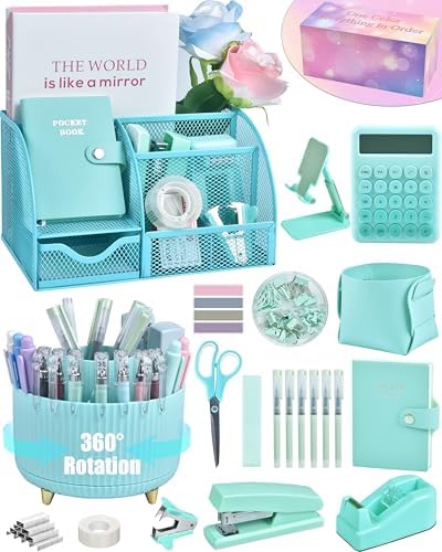 LXEVIHK Green and Blue Desk Accessories 21-Piece Office Supplies Gift Set