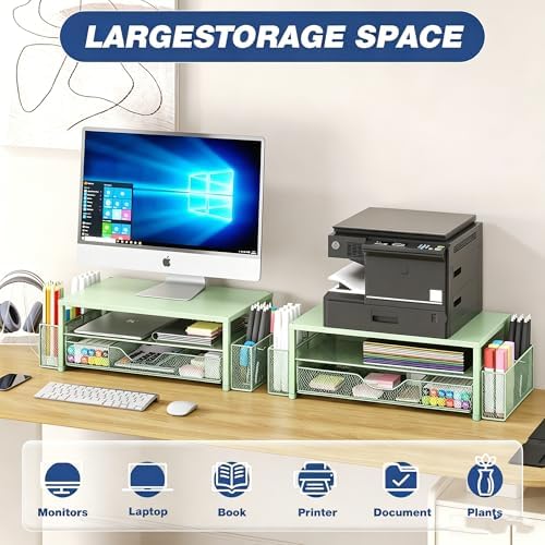 OPNICE Desk Organizers and Accessories, Computer Monitor Stand Riser with Drawer and 2 Pen Holders, Printer & Laptop Stand, Office Desk Accessories & Workspace Organizers for Home Office Supplies, Green