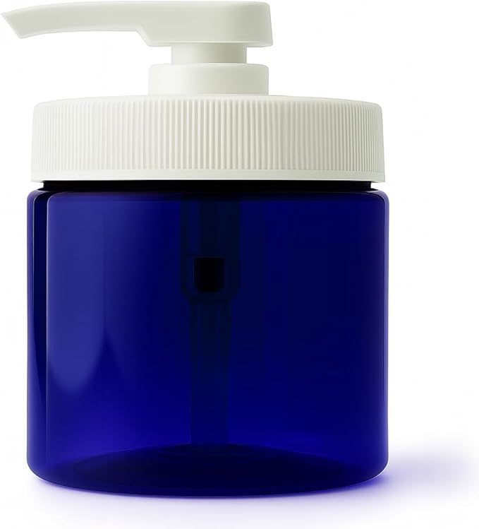 Royal Massage 16oz Refillable Pump Jar with Locking Dip Tube Dispenser – BPA-Free Plastic Container for Massage Oils, Lotions, Creams – Ribbed Lid Wide-Mouth Jar – Durable & Reusable (Blue/White, 12)