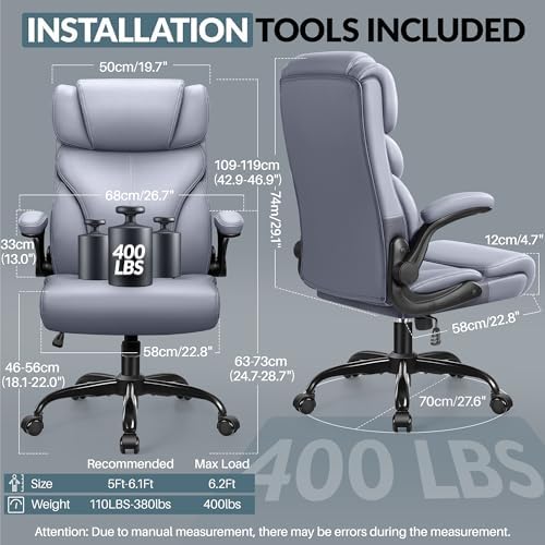 HeroSet Office Chair, Ergonomic Big and Tall Computer Desk Chairs, Executive Breathable Leather Chair with Adjustable Flip-up Armrests, Lumbar Support Swivel PC Chair with Rocking Function,Matte Gray