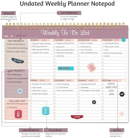 Thboxes Weekly To Do List Notepad, 8.5"x11" Desk Planner 52 Sheets, Lilac