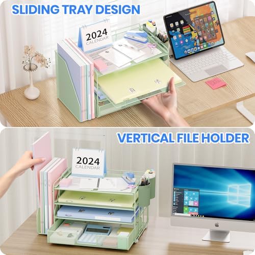 OPNICE Desk Organizer, 4-Tier Desktop File Organizer with Drawer and Pen Holders, Office Desk Accessories, File Sorters, Workspace Organizers for Office Supplies(Green)