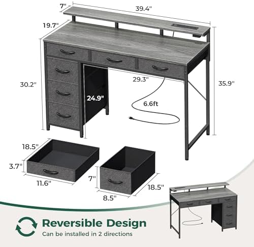 Huuger Gaming Desk with 6 Drawers, Computer Desk with LED Lights Power Outlets and Type-C, 39 Inch Office Desk with Storage, Monitor Stand, Writing & Work Desk for Home Office, Bedroom, Grey