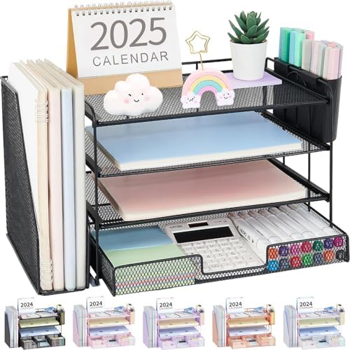 OPNICE Desk Organizer, 4-Tier Desktop File Organizer with Drawer and Pen Holders, Office Desk Accessories, File Sorters, Workspace Organizers for Office Supplies(Black 2-Pack)