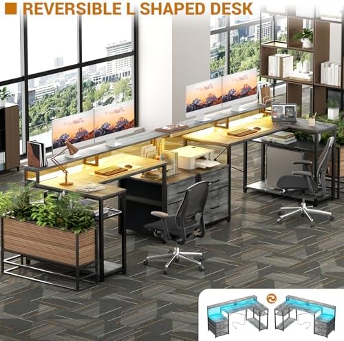 Aheaplus L Shaped Desk with File Drawer, Reversible L Shaped Gaming Desk