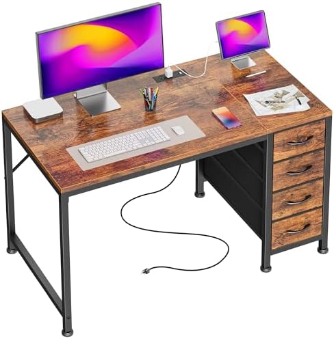 PRAISUN 39.4 Inch Computer Office Desk with Power Outelts and USB-C Port, Reversible Gaming Desk with 4 Fabric Drawers, Work Study Desk Work from Home, Rustic Brown