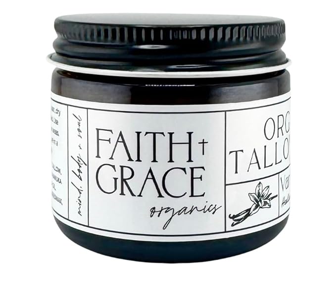 Faith and Grace Organics, Organic Tallow Balm, Vanilla and Manuka Honey, All-purpose Moisturizer, Safe for sensitive skin, Healing balm, 2 oz glass jar