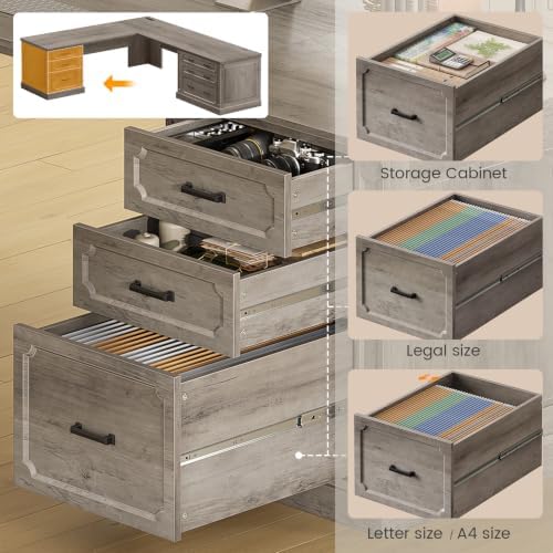 SEDETA Farmhouse 78.8" L Shaped Desk with 6 Drawers, Home Office Desk with Power Outlet, File Cabinet Storage, Wood Corner Computer Desk for Work and Study, Gray